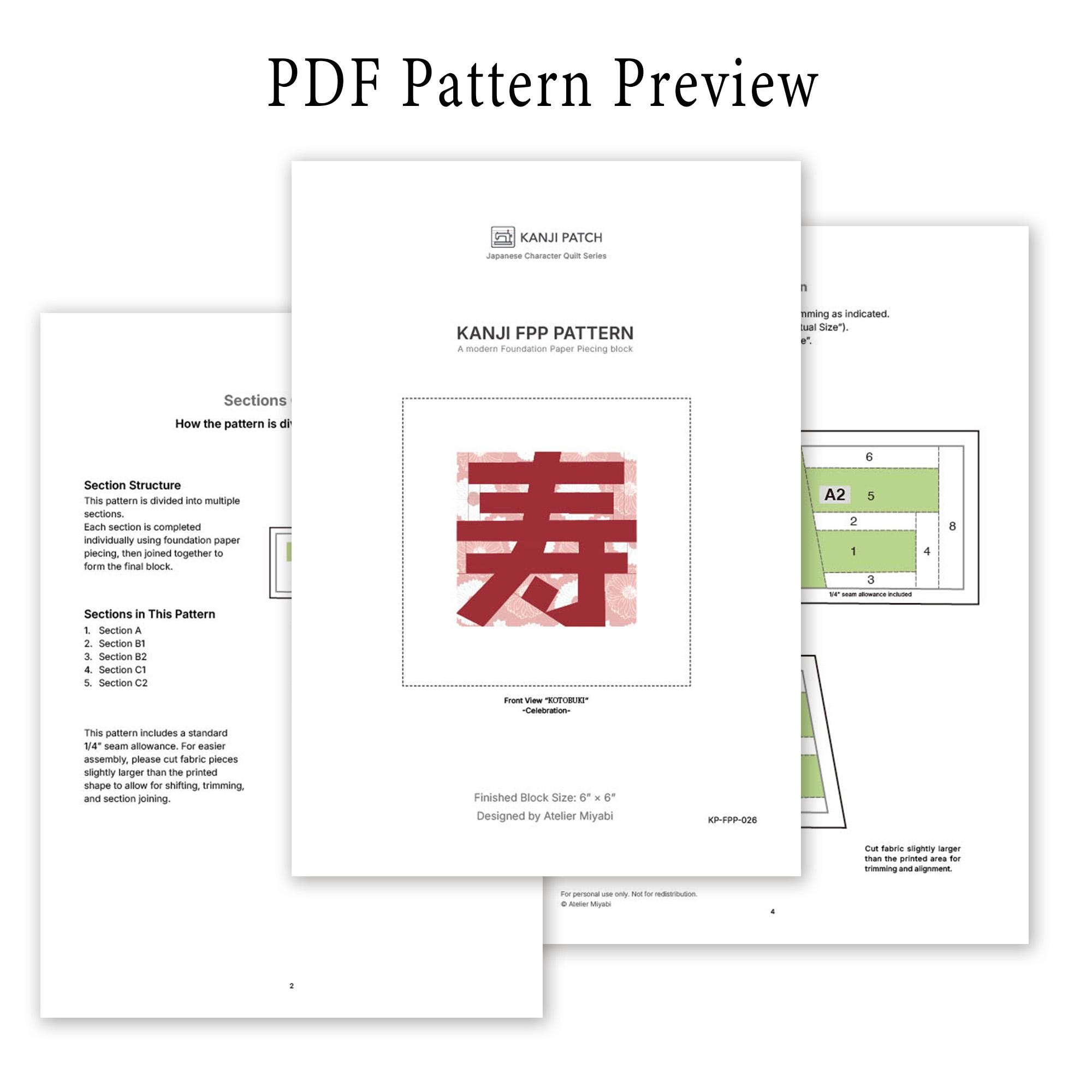 Japanese Wedding Kanji FPP Quilt Pattern – “Kotobuki” – 6 Inch Foundation Paper Piecing Block – PDF Digital Download - Image 3